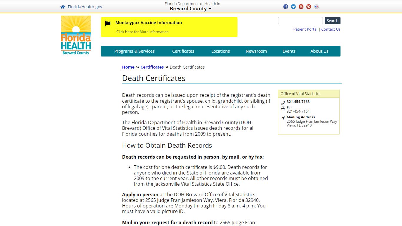 Death Certificates | Florida Department of Health in Brevard