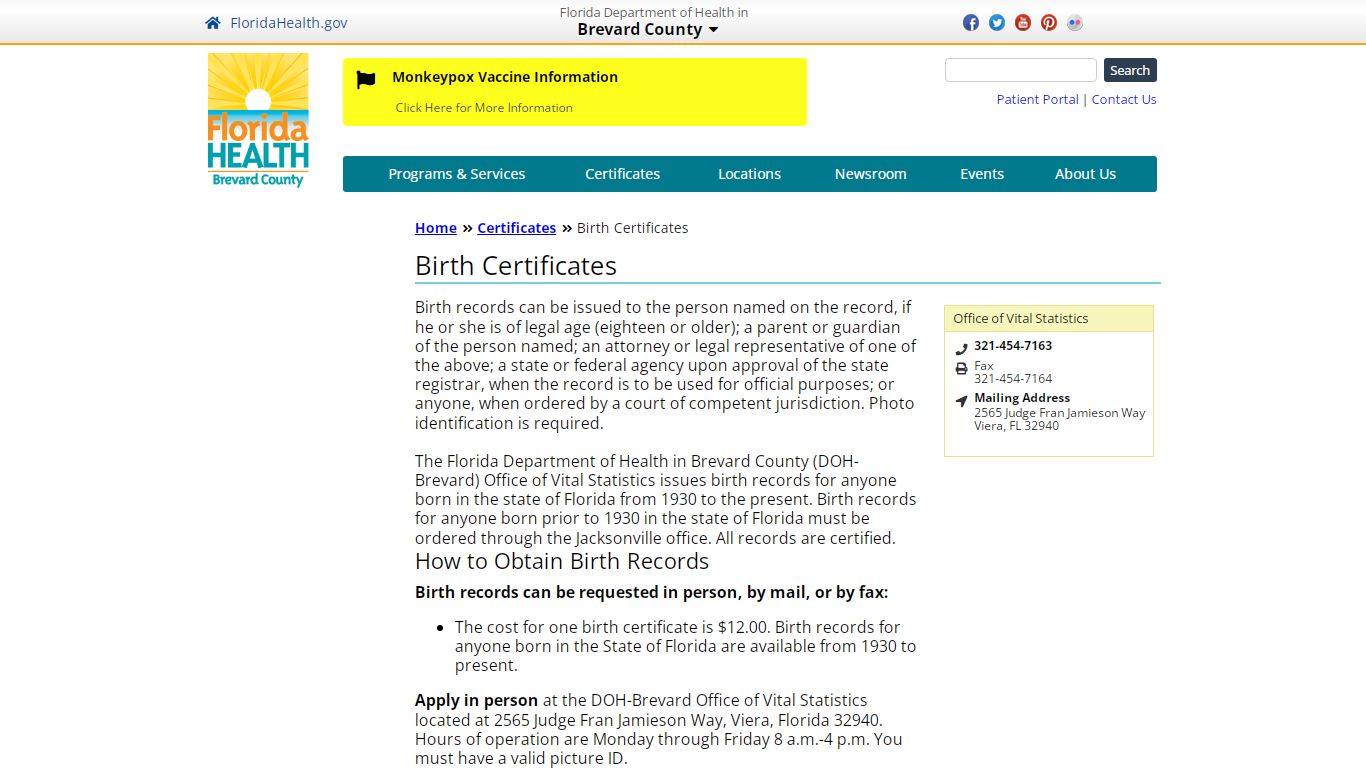 Birth Certificates | Florida Department of Health in Brevard